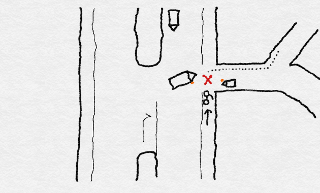 右折の際に対向車に気を取られて、歩道を走る自転車に気が付かなかった例